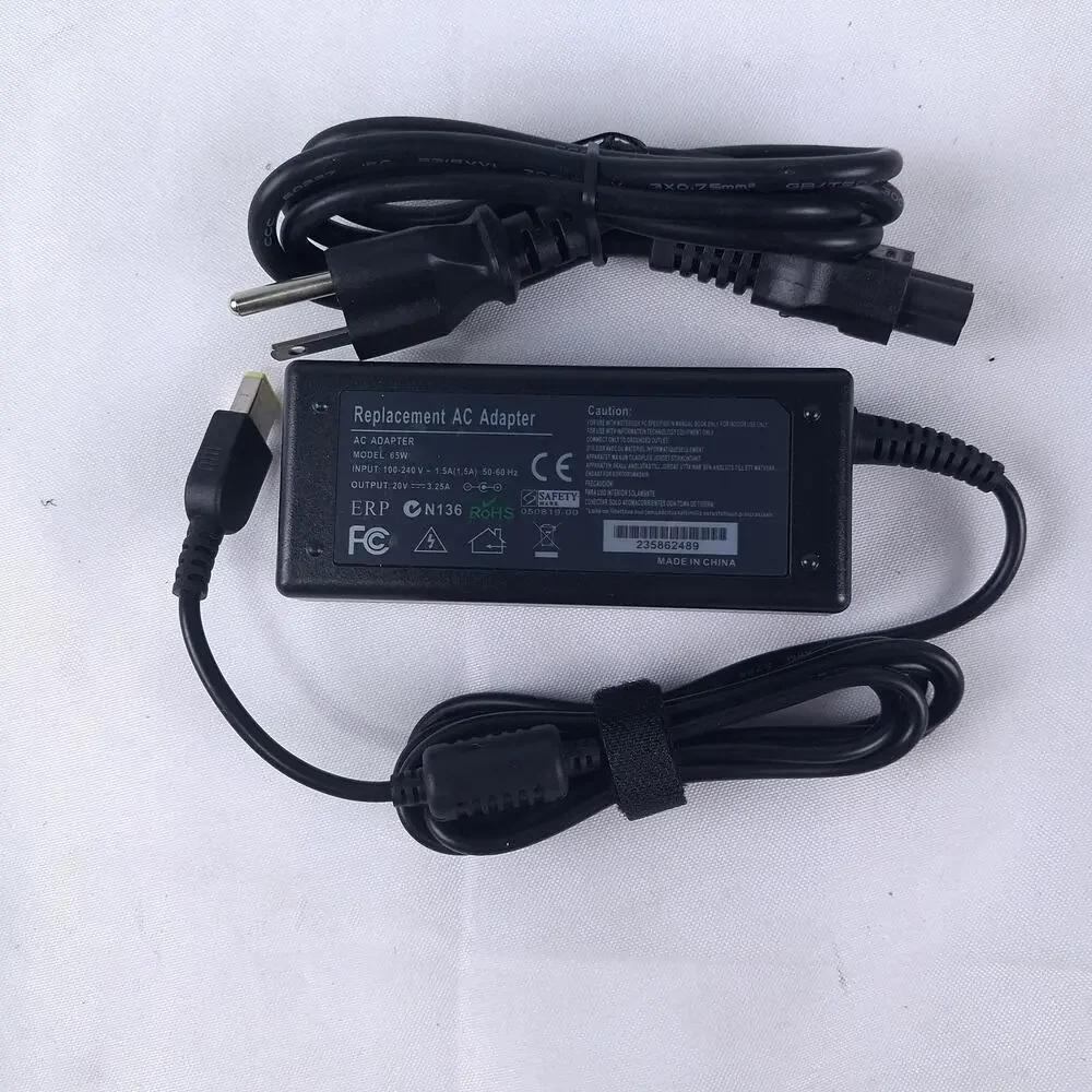FCC 65W 20V 3.25A Laptop Charger AC Adapter USB Square Tip for Lenovo